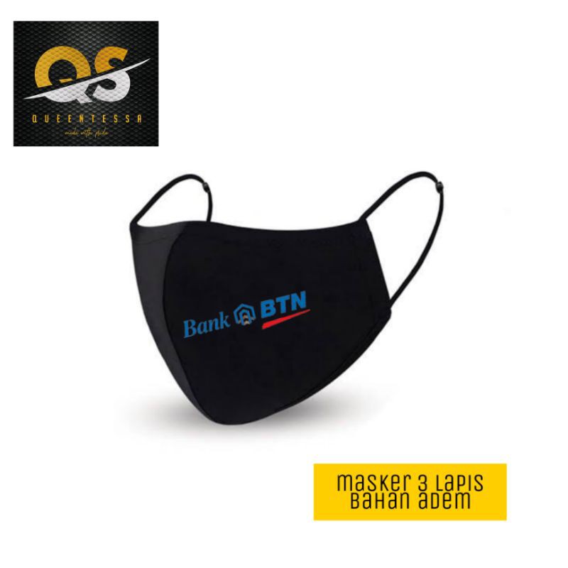 Masker Kain 3ply BANK BTN BUMN hitam pria wanita dewasa 3 lapis earloop headloop katun
