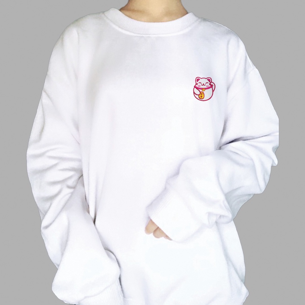 BORDIR SWEATER WANITA LUCKY CAT - CREWNECK CEWEK KEKINIAN PREMIUM