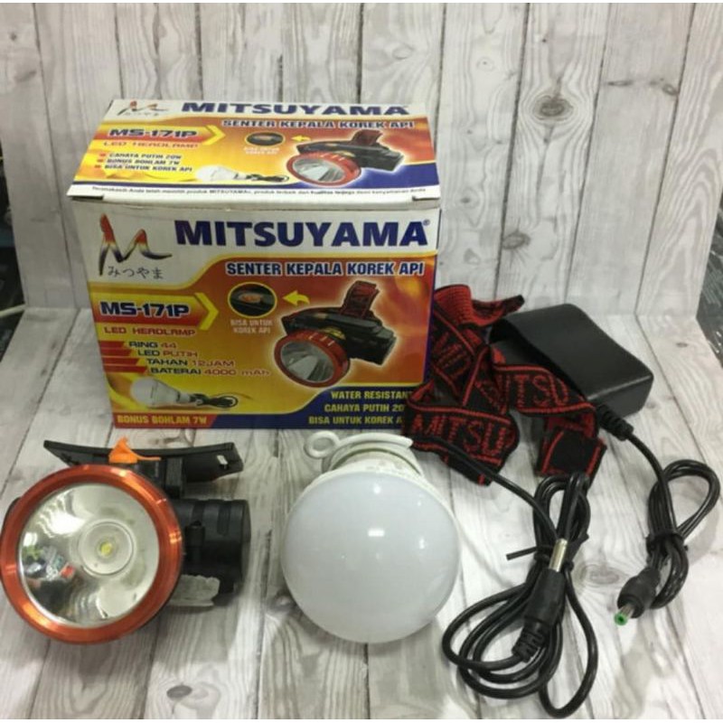 Senter Kepala LED Headlamp Mitsuyama MS-171P Bisa Untuk Korek Api BONUS Bohlam 7Watt