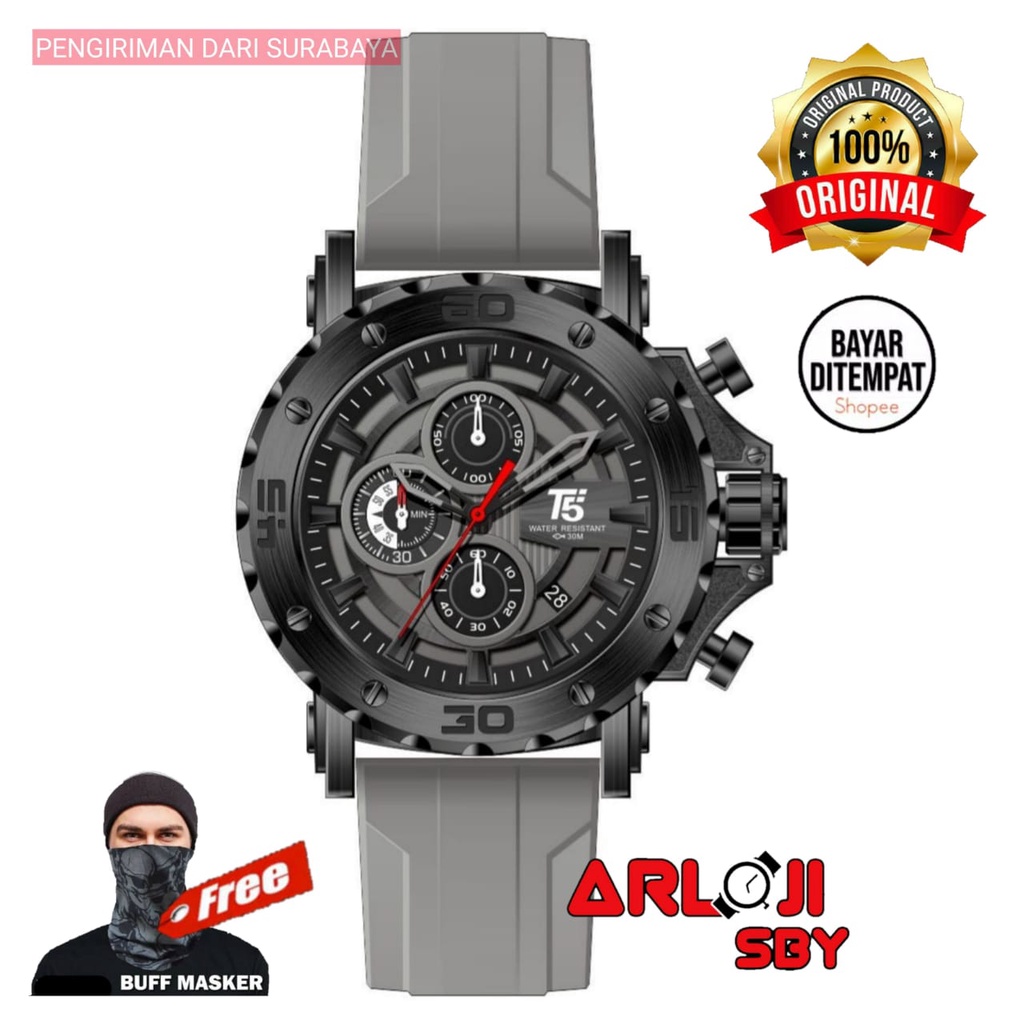 JAM TANGAN PRIA T5 H 3865 ORIGINAL TAHAN AIR 3 ATM CHRONOGRAPH RED RUBBER STRAP FREE BOX PAPPER BAG