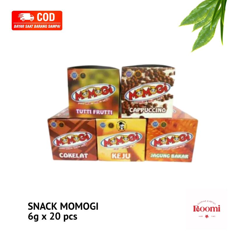 

Snack Momogi 1 box isi 20 0cs, jagung bakar, tutti fruti, cokelat, capucino, keju.