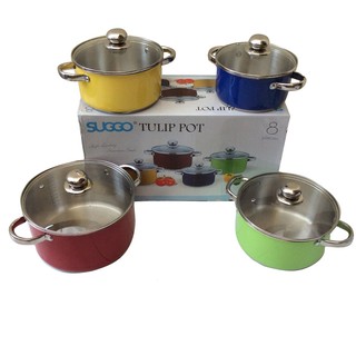 Suggo Tulip Pot  8 Pcs Panci Set Stainless Tutup  Kaca  High  