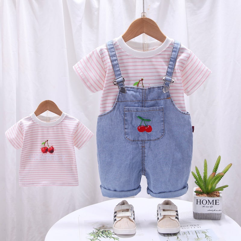 Promo !! Setelan Anak Perempuan Import /  setelan overal red cherries Ukuran 9bln-3thn / Baju Anak Imut