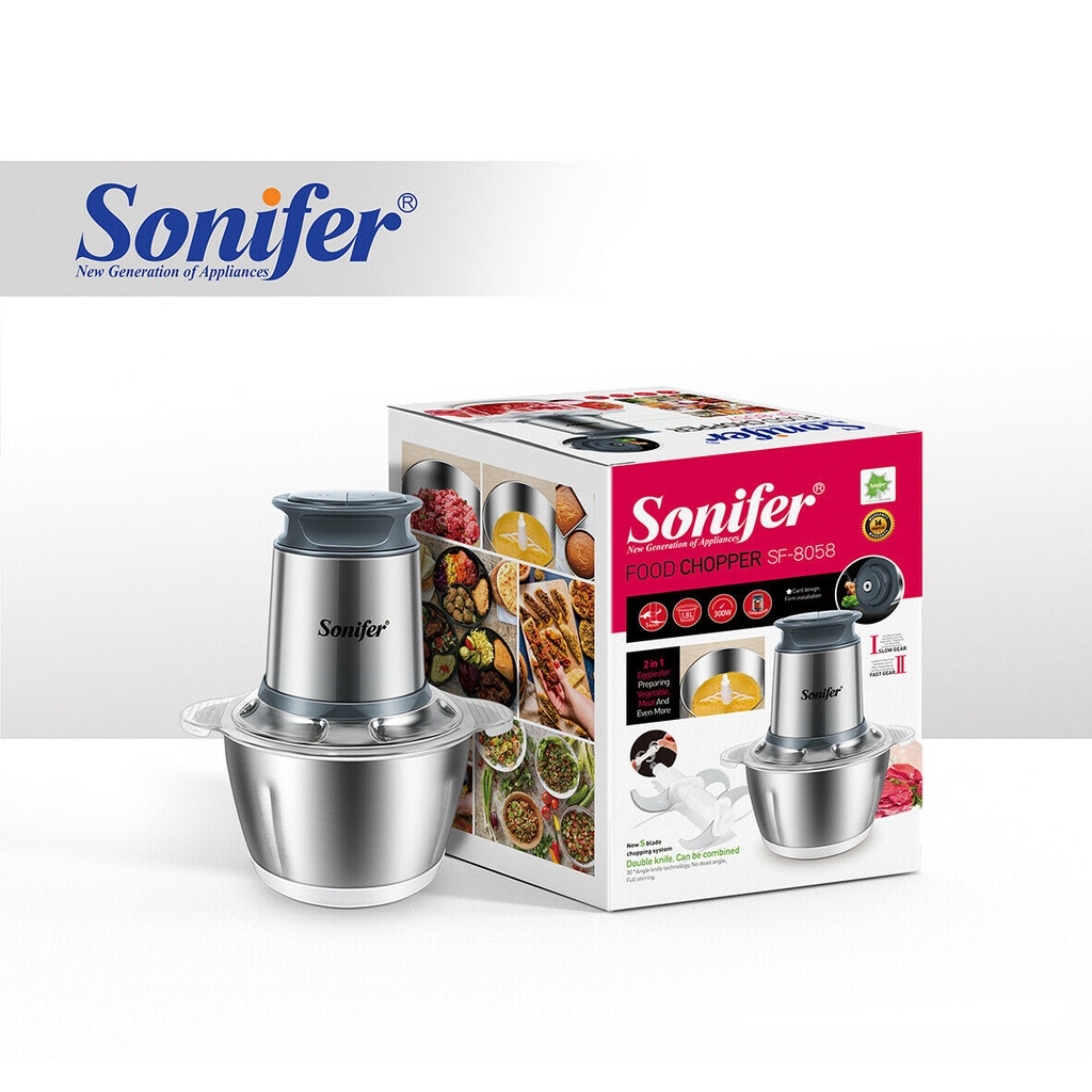 SONIFER Meat Chopper Food Chopper Wadah Stainless Steel SUS 304 Anti Karat Kapasitas 1.8 Liter SF-8058