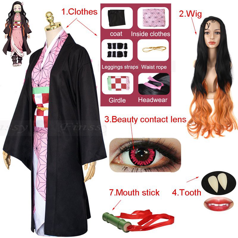 Anime Demon Slayer Kimetsu no Yaiba Kamado Nezuko Full Cosplay Including Shoes Wig Tooth Mouth Stick