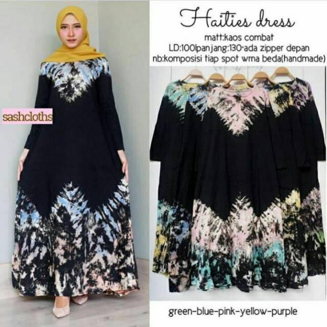  GAMIS  KAOS  BLACK TIEDYE 3 BUSUI  MUSLIMAH LENGAN PANJANG 