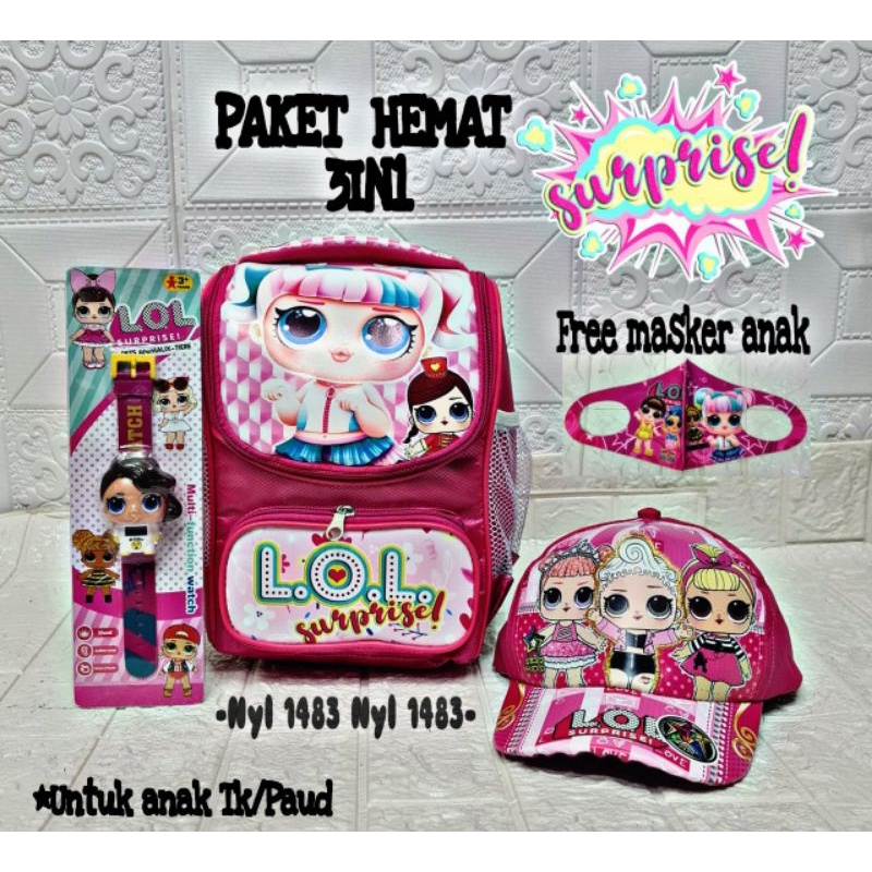 Paket murah 3in1 ransel anak untuk TK/PAUD + Jam anak dan topi anak