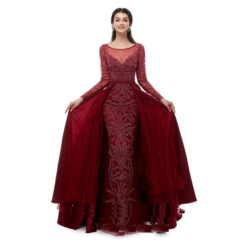Gaun Pengantin 1907015 Maroon Lengan Panjang Ekor Wedding Dress Gown