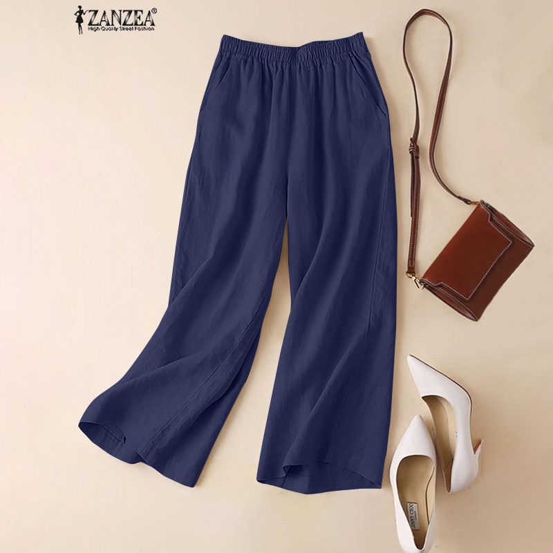 ZANZEA Women Elastic Waist Wide Leg Straight Long Pants Plus Size Pants