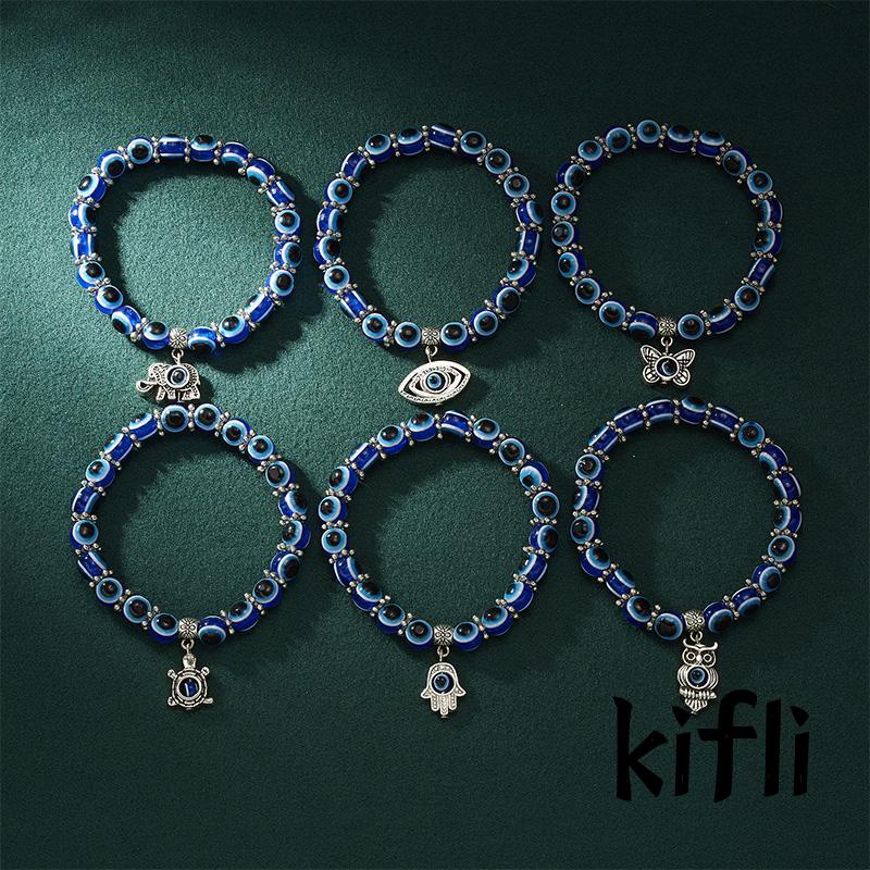 Gelang Tangan Tali,Elastis Manik Kaca,Bulat Motif Mata Iblis,Biru Gaya Klasik,Untuk Wanita