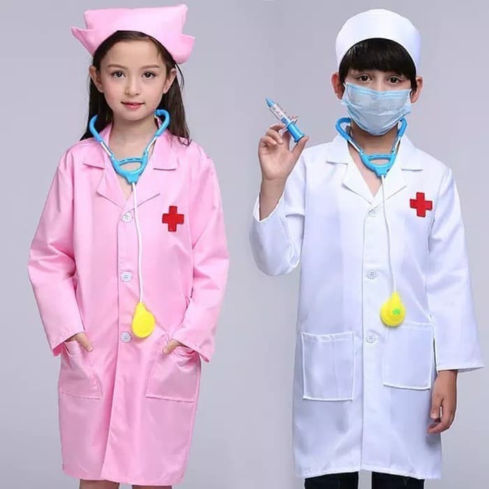 dokter kecil set lengkap baju,topi, stetoskop,masker&suntikan mainan - 4-5 tahun, Merah Muda