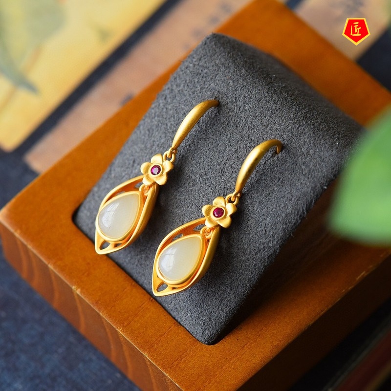 [Ready Stock]Hetian Jade Gold Vintage Earrings Women's Chinese Style