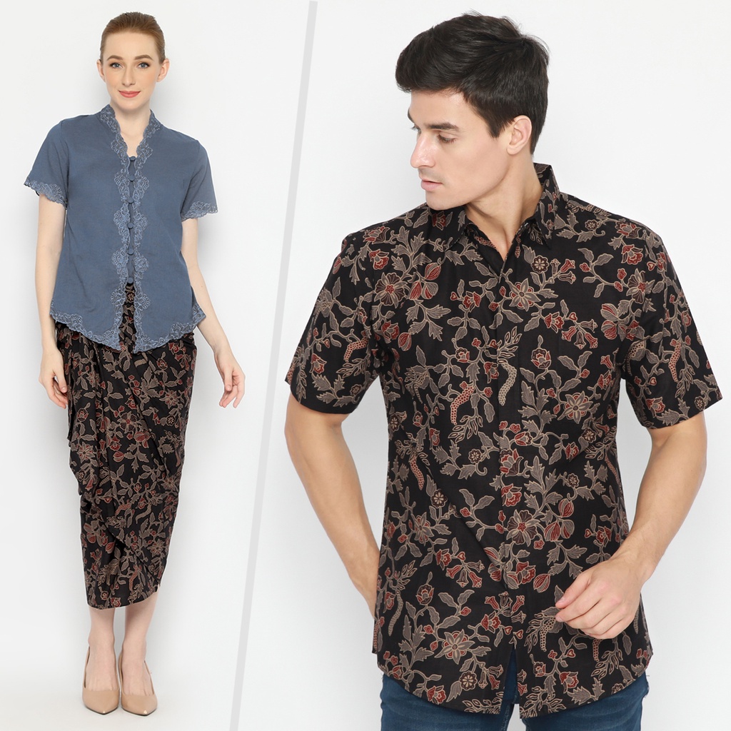 BATIK COUPLE MODERN Kemeja Rok Lilit Instan Batik Pria Lengan Pendek Premium Motif Kembang Warna Hitam 721052 CAP 72