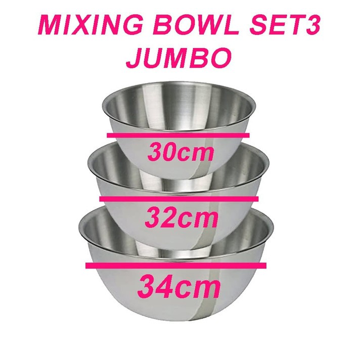 Baskom stainless set3 TEBAL - Stainless Mixing Bowl 30cm to 34cm