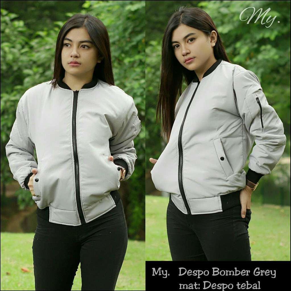 JAKET BOMBER WANITA POLOS ABU-ABU
