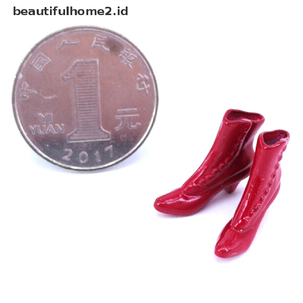 (Beautifulhome2.Id) 1 Pasang Miniatur Sepatu Boots Warna Merah Skala 1: 12 Untuk Dekorasi Rumah Boneka