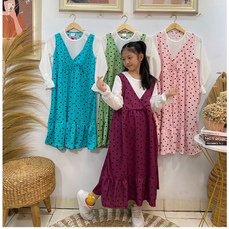 Gamis anak perempuan model overall motif love bahan voxy premium merk latin (8-10 tahun)