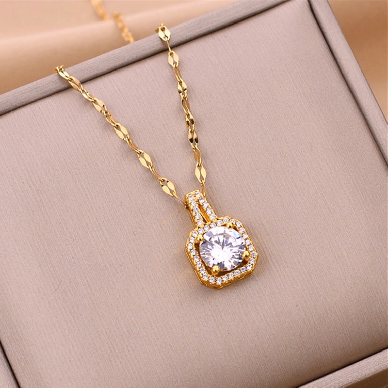 Kalung Titanium AAAAA Zircon 18k Emas Anti Karat Klasik Korea Wanita Perhiasan-white
