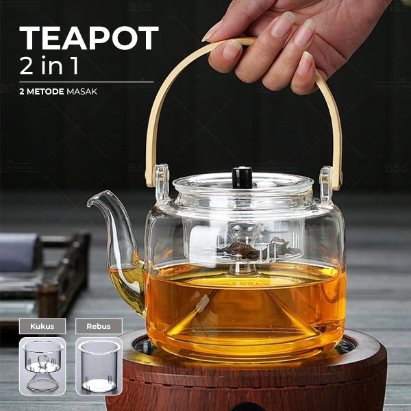 Teko Teh Kukus 2 model Saringan 1100ml Steam Rebus Daun Teh Kaca Borosilicate Bisa Kena Api