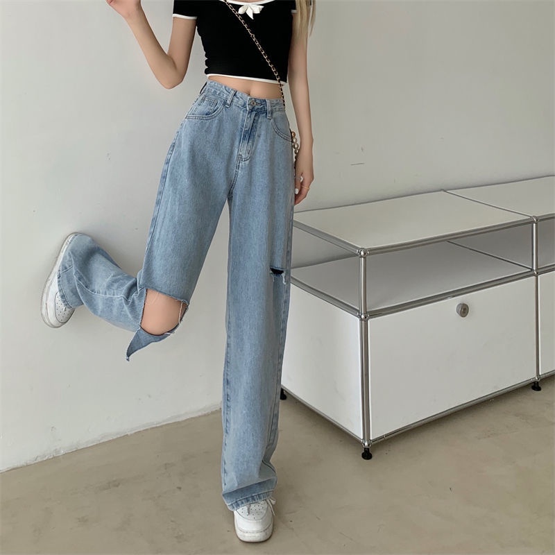 ✅COD new biru muda high waist sobek celana jeans panjang wanita