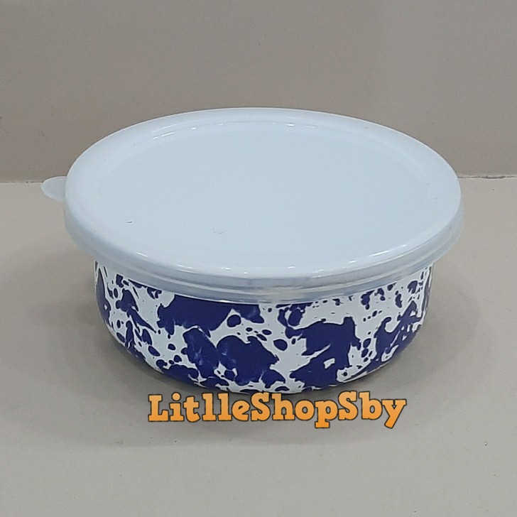 Rantang Bowl Mangkok Enamel 12cm Biru Blirik Loreng Tutup Plastik