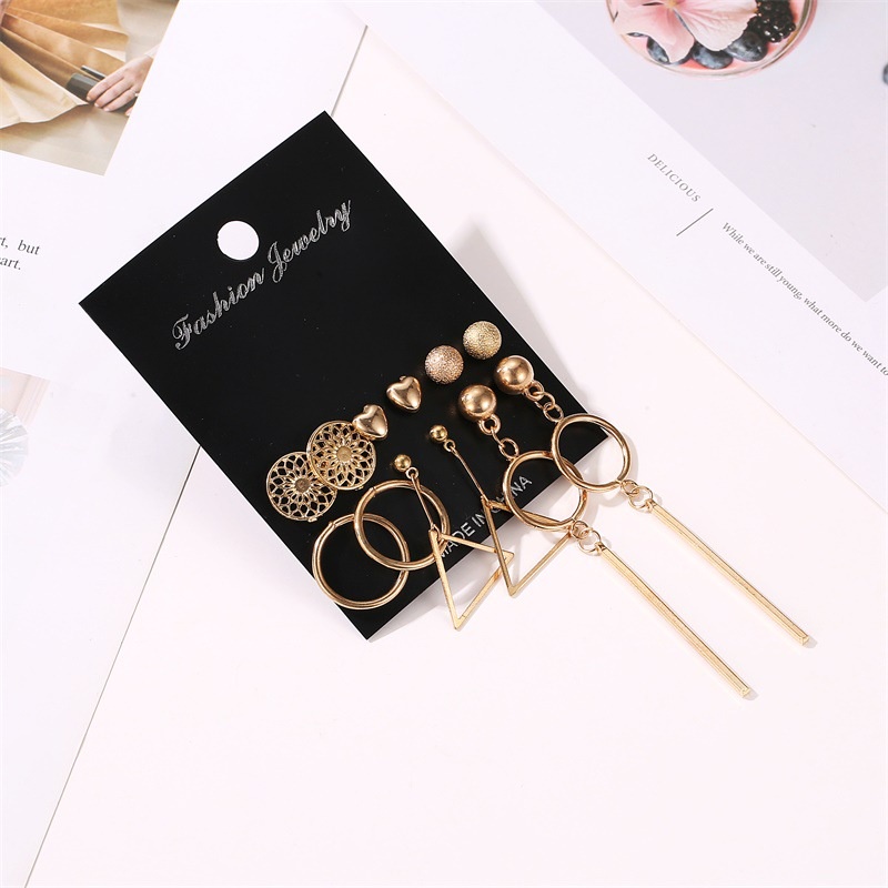 6 Pcs Anting Rumbai Bentuk Hati Geometris Warna Emas Gaya Eropa Amerika Untuk Wanita