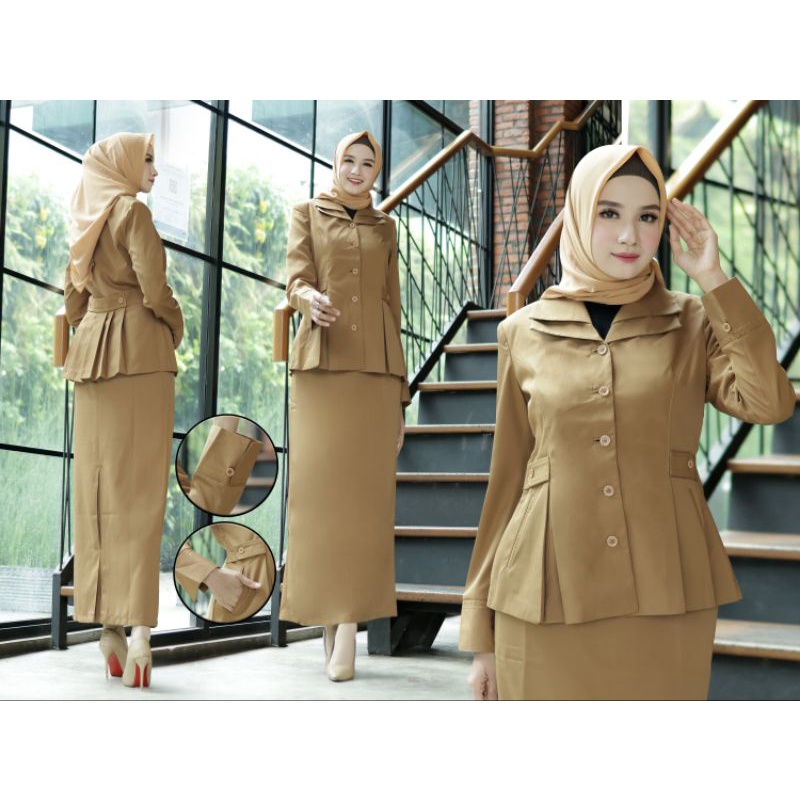 BAJU DINAS PNS /SERAGAM GURU SUSUN MUDA /COKLAT JUNGKIS SUSUN FREE HIJAB