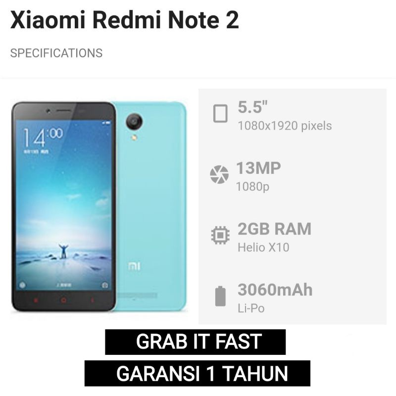 HP Xiaomi Redmi Note 2 RAM 2GB Internal 16GB / 32GB LTE