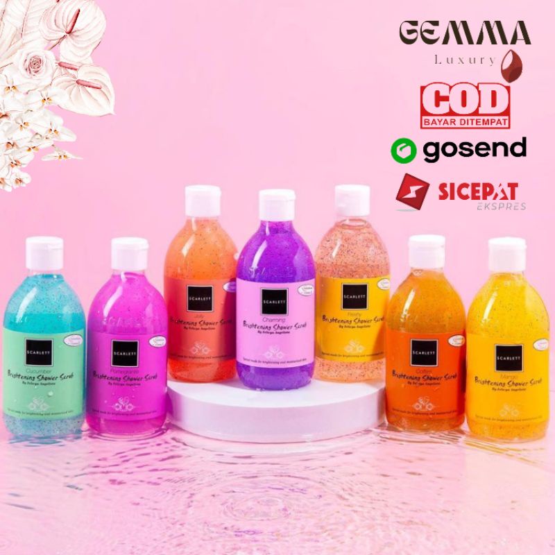 (GOSEND/COD) SCARLETT WHITENING SHOWER SCRUB 300ML SABUN MANDI CHARMING POMEGRANTE FRESHY JOLLY HAPPY MANGO CUCUMBER COFFEE