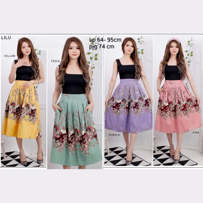 Evercloth Lilu Rok Batik Wanita Selutut Bawahan Batik Perempuan Rok Cewek Batik 3/4