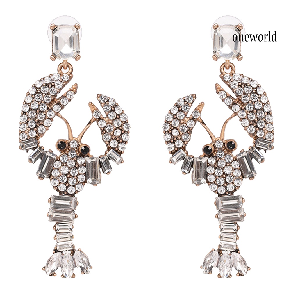 OW@ Creative Women Bling Rhinestone Inlaid Lobster Pendant Statement Stud Earrings