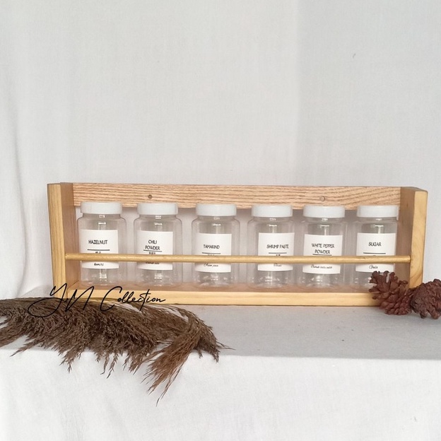 Satu set Rak bumbu dapur dinding besar plus toples rak kayu serbaguna