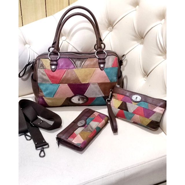 Fossil Maddox Satchel Patchwork Large Tas Dompet Maddox Marlow Pouch Wristlet Wrislet Tas Preloved