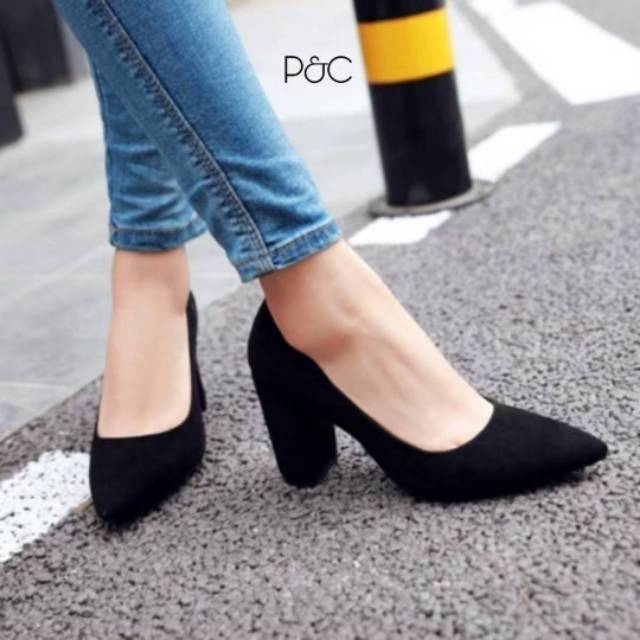 Sepatu high heels suede kerja formal wanita cewek cewe murah import branded