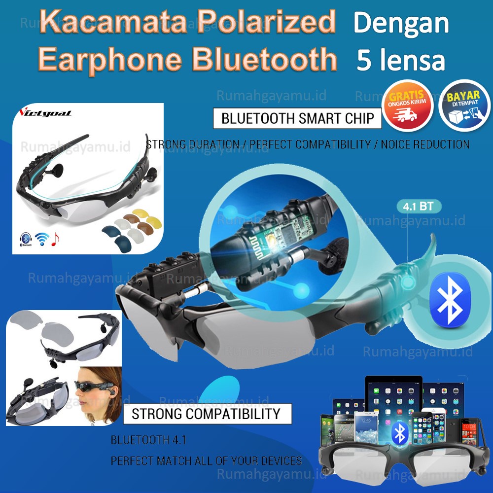 GS8 Kacamata VICTGOAL Polarized Earphone Bluetooth dengan 5 Lensa V9100 - Black