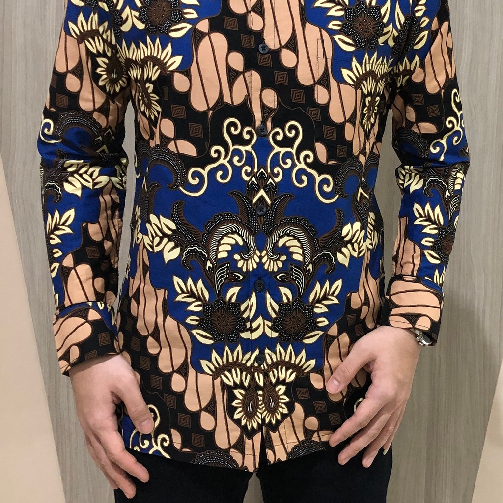 [GRIDLINE - LS080 Brown - LS029 Blue] Baju Kemeja Batik Slimfit Pria Lengan Panjang FULL KATUN