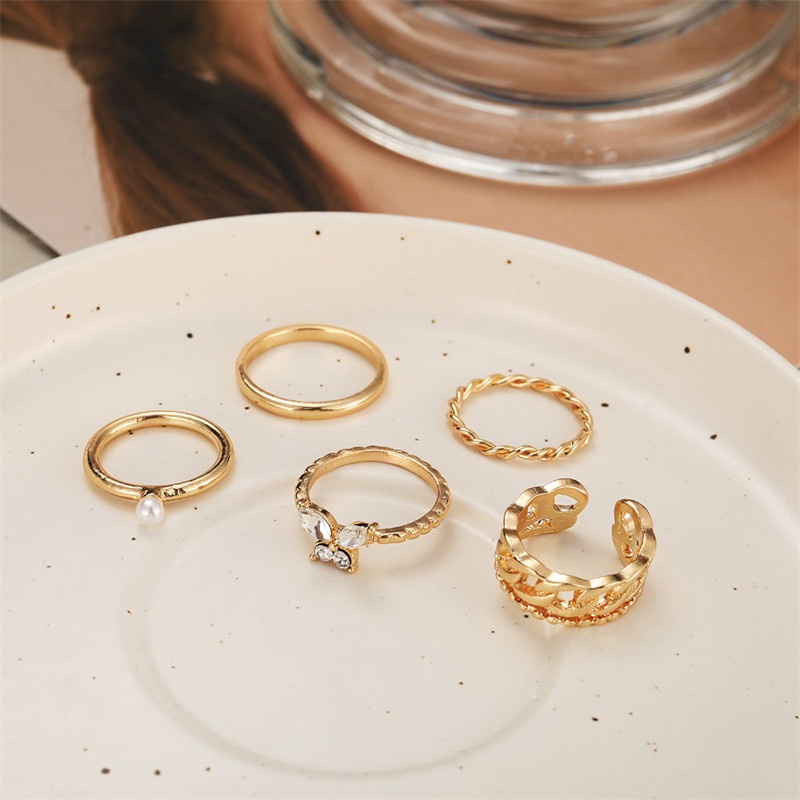 5pcs / Set Cincin Model Rantai Terbuka Desain Kupu-Kupu Aksen Mutiara Untuk Wanita