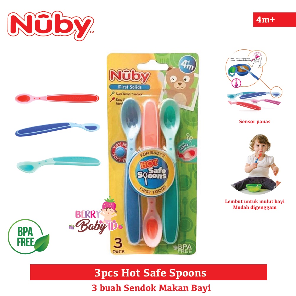 Nuby Paket 3 Pcs Hot Safe Spoon Sendok Bayi Sensor Panas BPA Free 4m+ Berry Mart