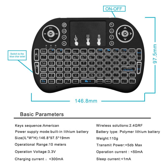 Keyboard Air Mouse i8 Mini Keypad Wireless Touchpad Backlight Rainbow RGB 2.4GHz