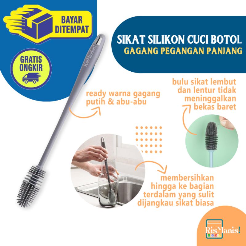 LONG HANDLE SILICONE BRUSH Sikat Dapur Karet Silikon Cuci Botol Gelas Termos Gagang Pegangan Panjang