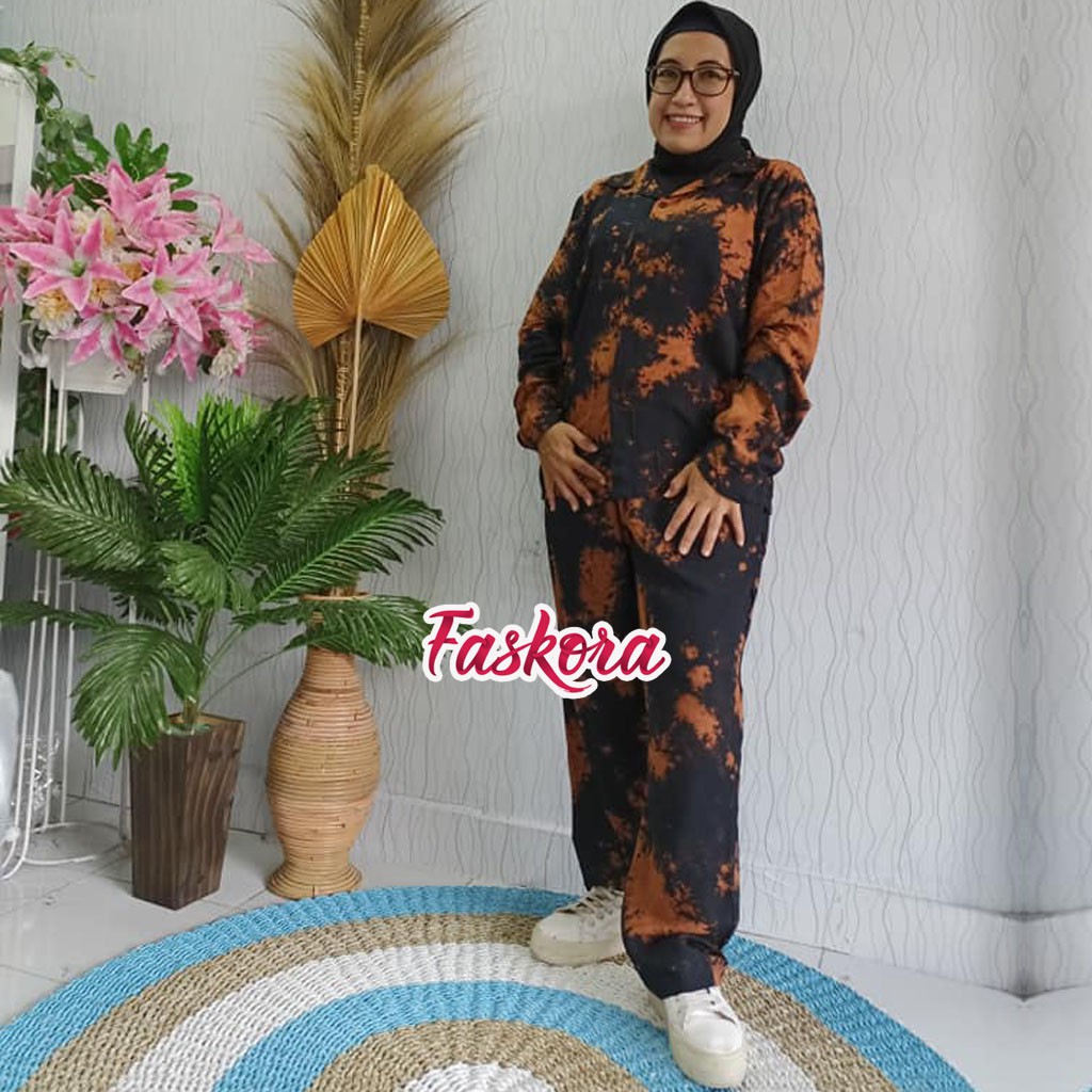 One Set Kemeja Tie dye Wanita Lengan Panjang / Piyama Rayon Jumbo Set Lengan Panjang