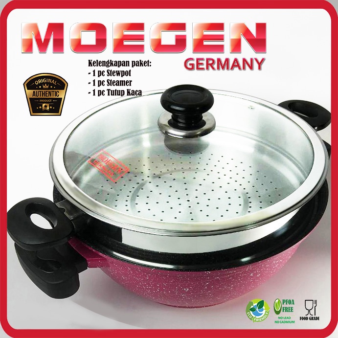 MOEGEN GERMANY STEWPOT 32CM GRANITE ORANGE ANTI LENGKET ORIGINAL PLUS STEAMER