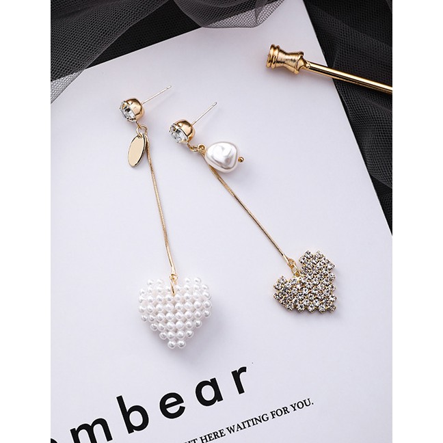 LRC Anting Tusuk Fashion Gold 925 Silver Needle Pearl Love Long Asymmetric Stud Earrings F54851