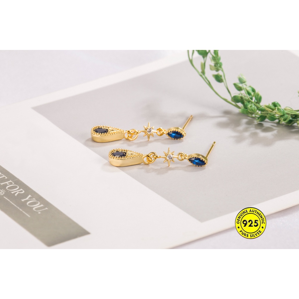 Anting Tusuk Lapis Emas 18K Hias Berlian Biru Gaya Vintage Untuk Wanita