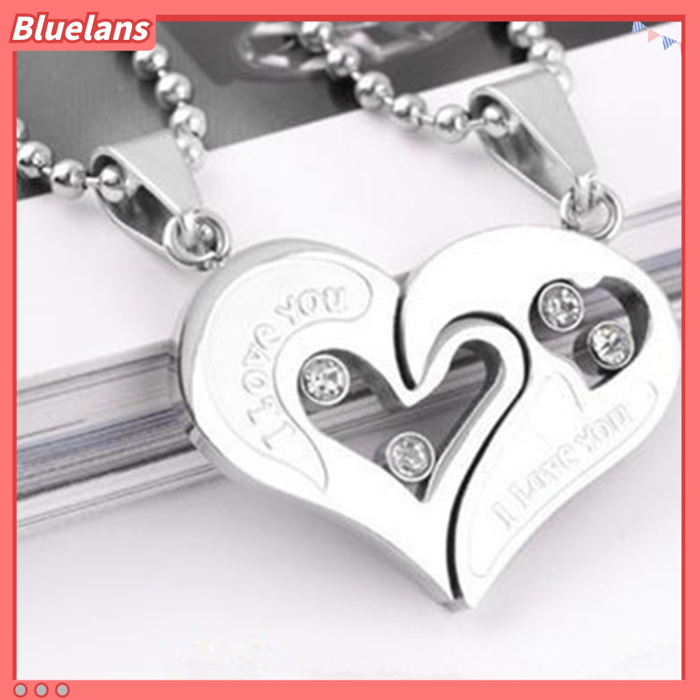 2pcs / Set Kalung Liontin Hati Tulisan I Love You Aksen Berlian Imitasi Untuk Pasangan