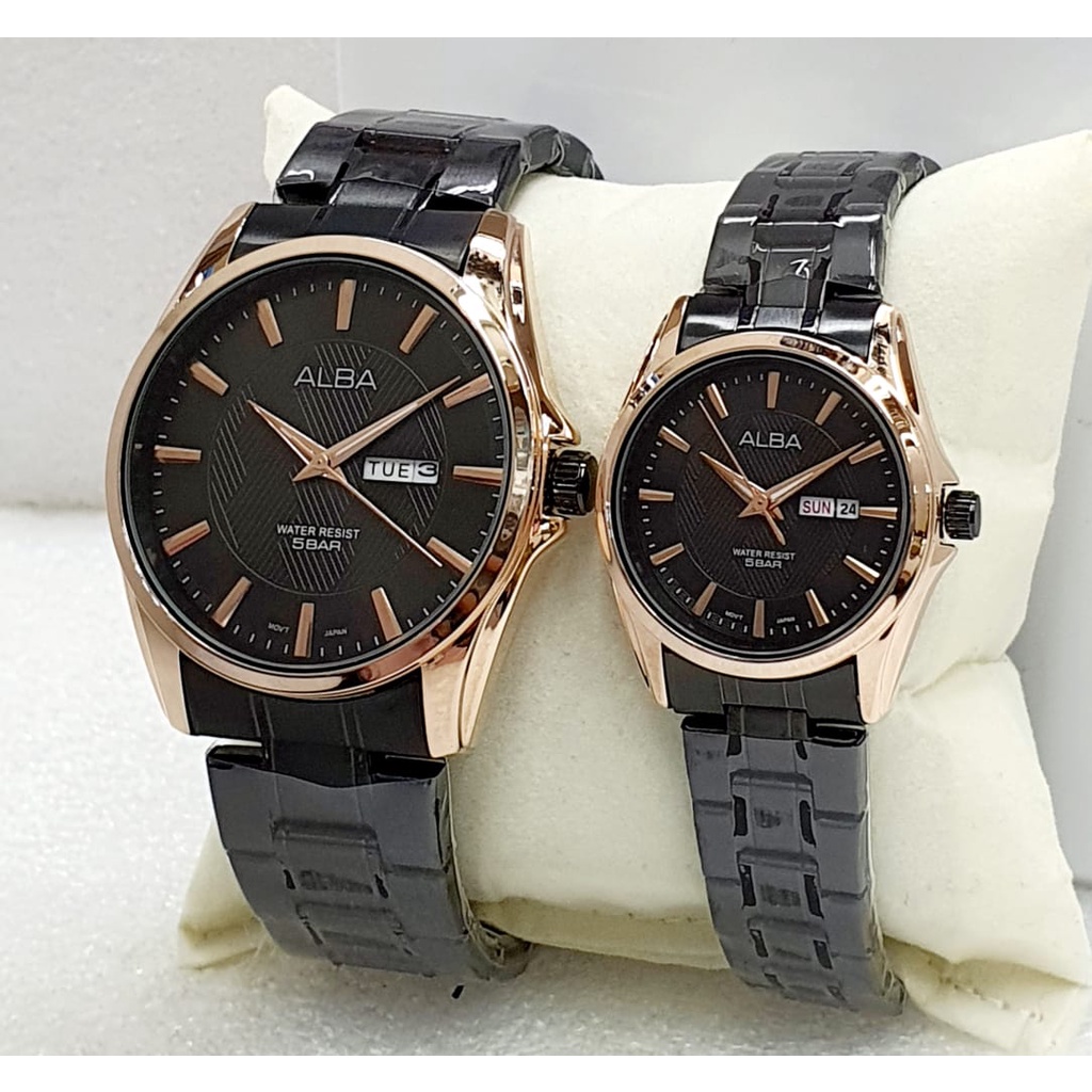 Jam Tangan Couple Fashion Alba C51804T Tali Rantai Tanggal Hari Aktif Free Box &amp; Baterai