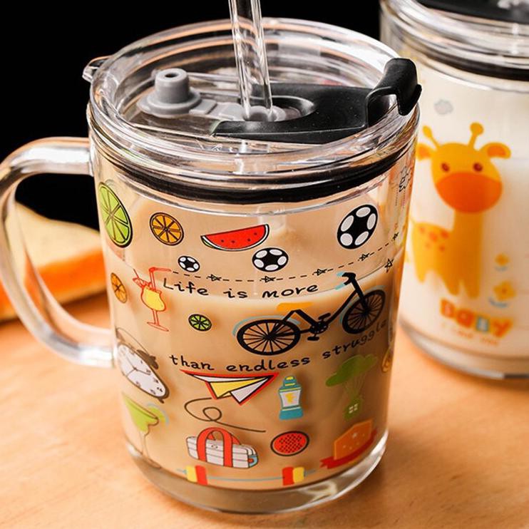 Gelas Kaca Botol Minum Sedotan Tumbler Mug Lucu Kopi Susu Aesthetic