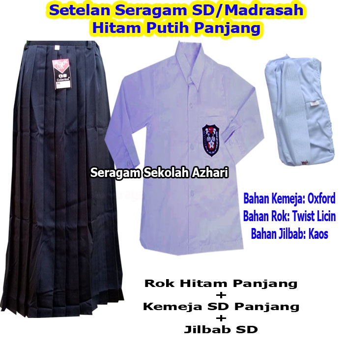Setelan Seragam Sekolah SD Hitam Putih Perempuan Lengkap Jilbab-Stelan Seragam SD Perempuan Lengkap