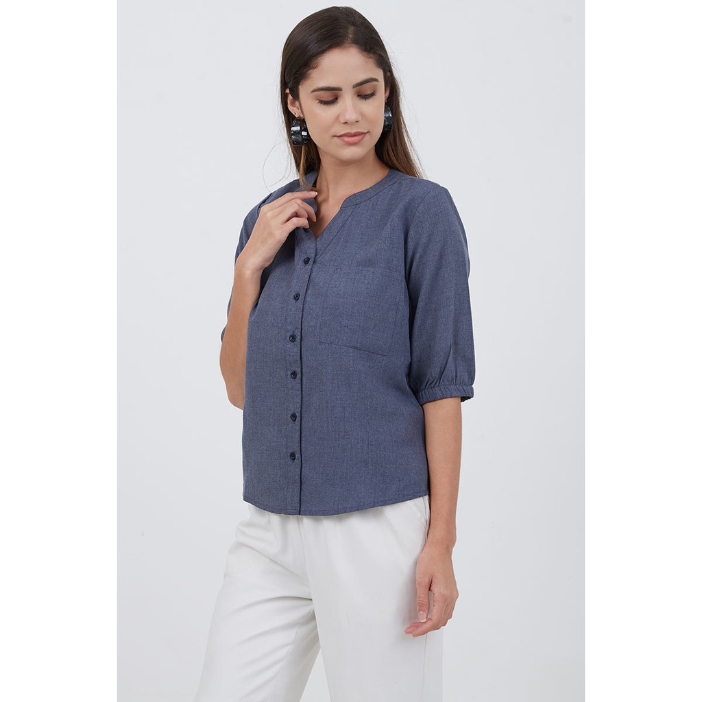 Sorabel - Hyorena Plain V-neck Women Blouse / Kemeja Wanita Polos Collar Neck Lengan 3/4-4