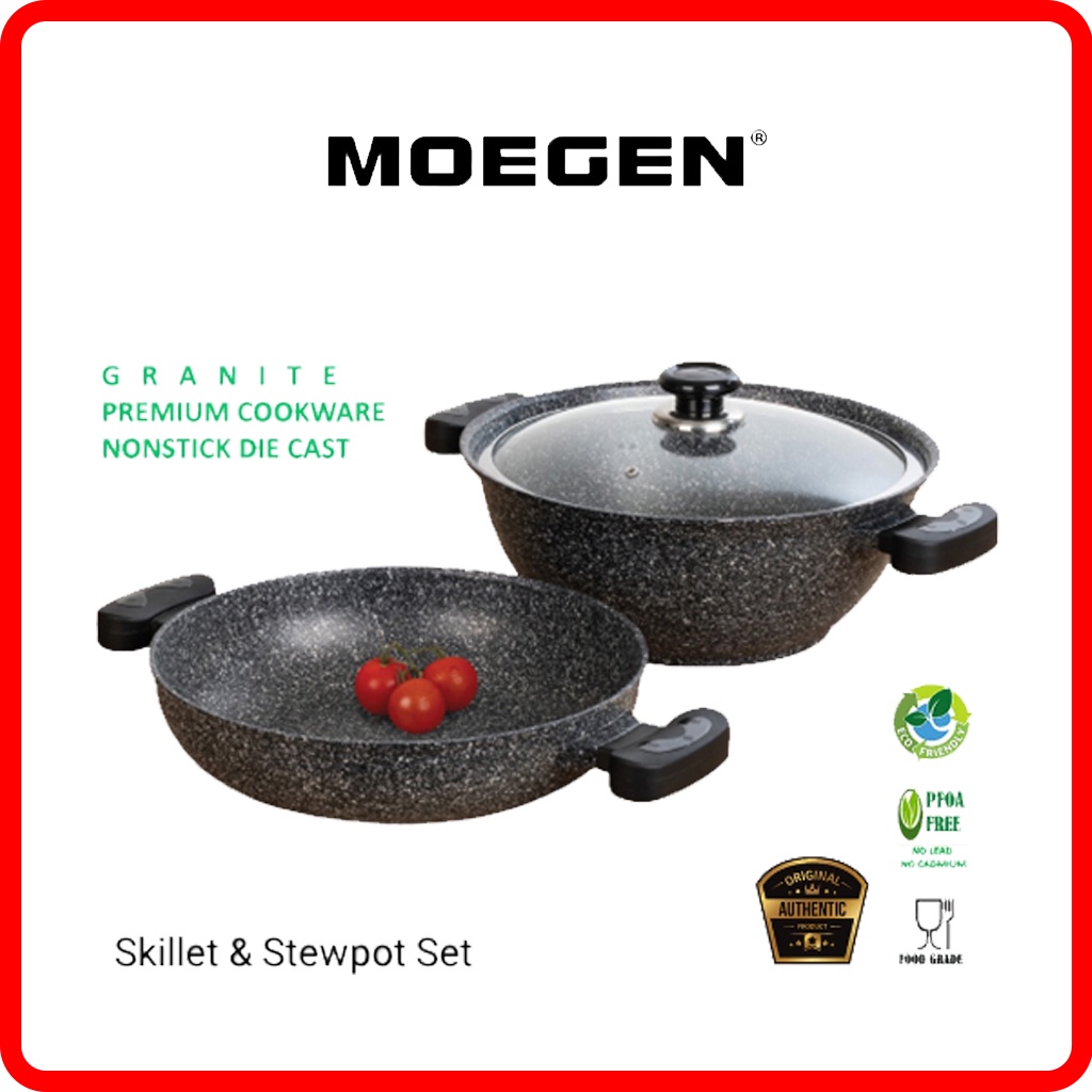Moegen Germany Skillet & Stewpot Set Granite Anti Lengket Original Sudah Termasuk Kaca 30cm / Panci 